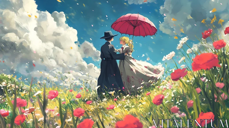 Lovers embrace under red umbrella in vivid flower meadow.