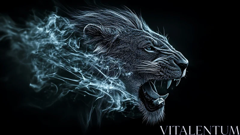 Digital profile of roaring lion dissolving into blue smoke.