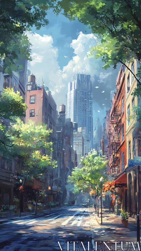 Sunlit tree-lined urban street with distant futuristic towers
