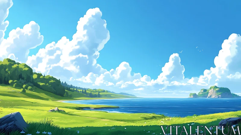 Verdant Coastal Landscape with Dramatic Cloud Sky.