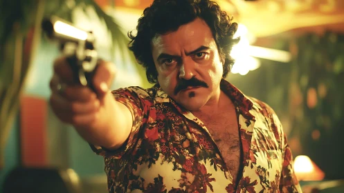 Intense gunman confronts viewer in moody neon interior