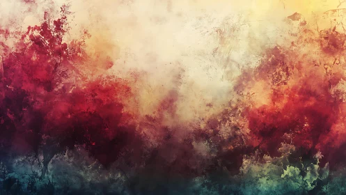 Abstract landscape with vibrant red foliage and textured brushstrokes.