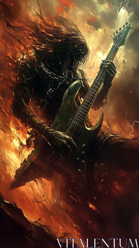 Fiery metal guitarist engulfed in flames with electric guitar.