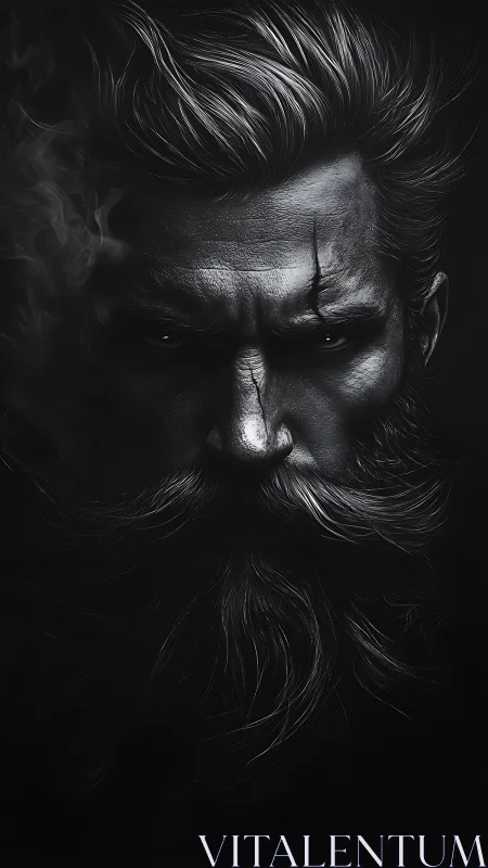 High-contrast monochrome portrait shows bearded male face