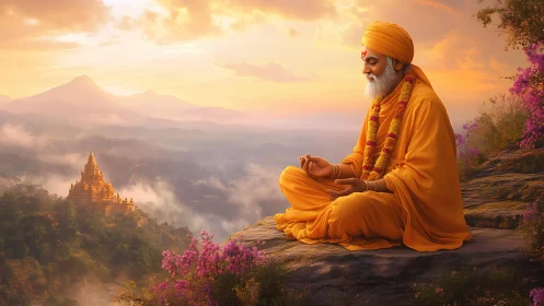 Meditating sage in saffron robes overlooks a sunrise temple
