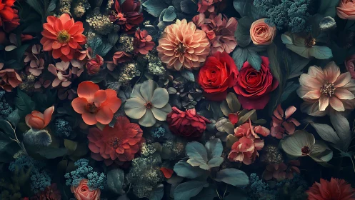 Blooms cascade across dark tones: layered floral composition study.