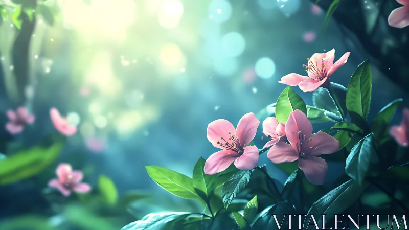 Pink flowers with green foliage in diffused natural light