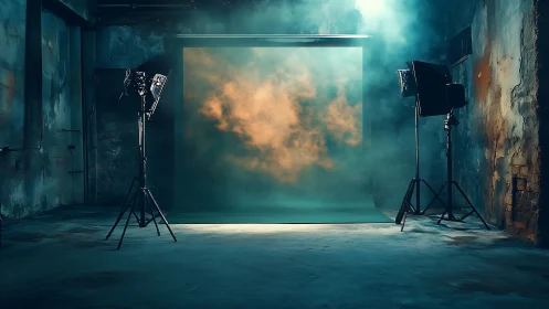 Moody studio backdrop glows softly in an atmospheric haze