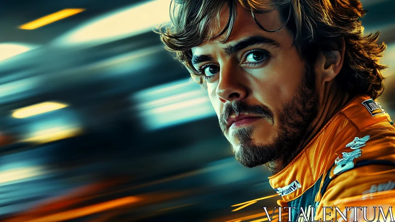 Focused race car driver portrait with motion blur background