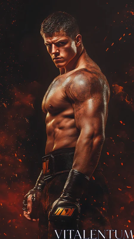 Muscular boxer stands in fiery studio with intense glare