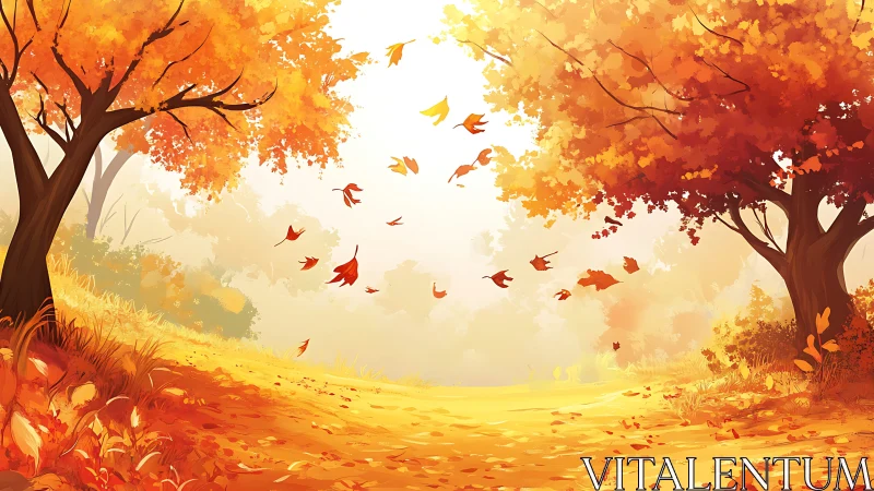 Golden wind along an autumn path of drifting leaves.