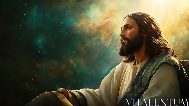 Reverent robed figure in celestial light, rendered photorealistically