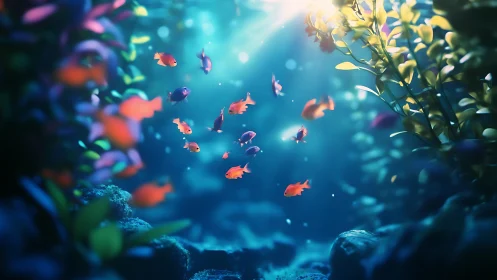 Small tropical fish in sunlit underwater reef environment.