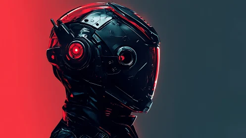 Cybernetic combat helmet in red keylight profile render.