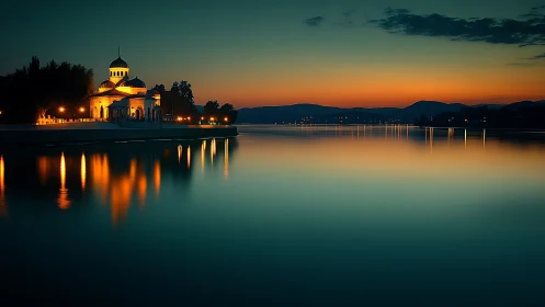 Lakeside domed chapel at blue hour with long exposure reflections
