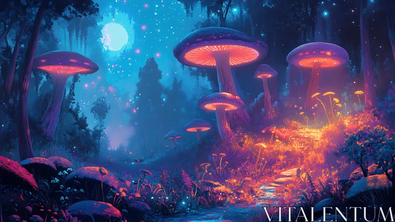 Bioluminescent forest path with oversized fungi under saturated moonlight
