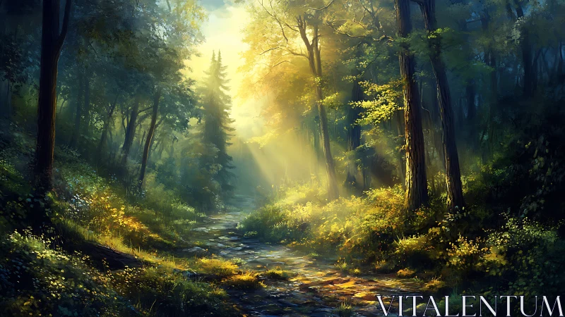 Luminous Forest Stream: Divine Light Through Ancient Woodland Canopy