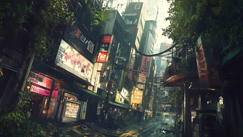 Cyberpunk rain-soaked alley with overgrown neon facades.