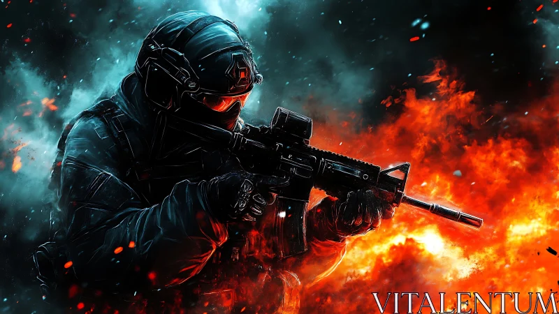 Tactical soldier silhouette amid cyan smoke and erupting fire.
