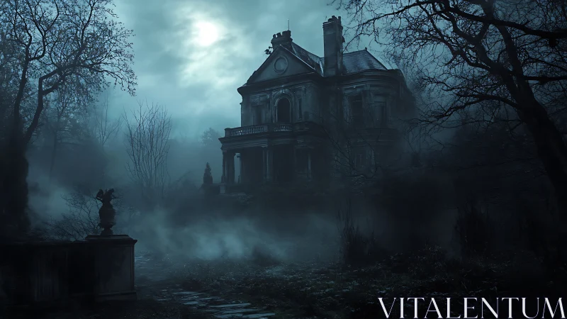 Haunted Victorian manor under moonlit fog in dark forest.