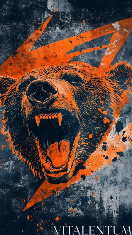 Roaring bear explodes through grunge streaks of orange paint.
