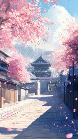 Cherry blossom lane with distant pagoda in spring light.