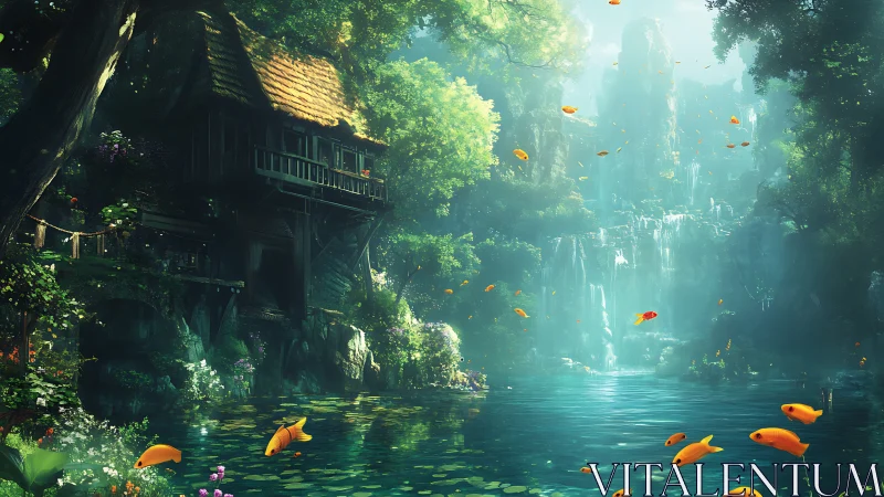 Digital scene depicts riverside house, waterfall and koi fish