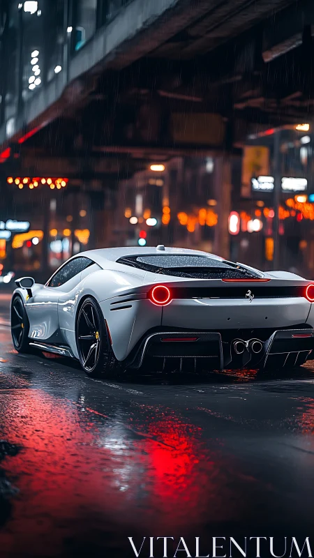 Photorealistic supercar underpass scene with neon rain reflections.