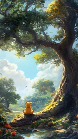 Toy bear under luminous forest tree in tranquil glade.