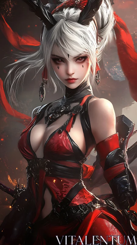 White-haired demon warrior radiates power in ember-lit realm.