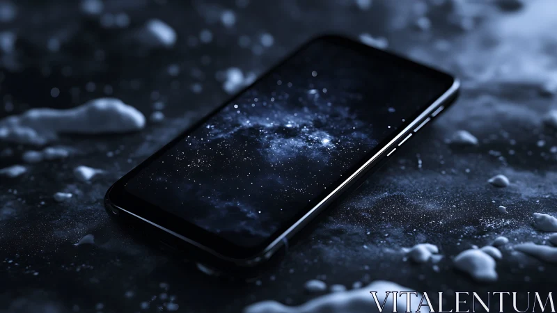 Smartphone screen reflects cosmic nebula over dark ice