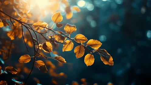 Golden autumn leaves on branch with dreamy bokeh background.