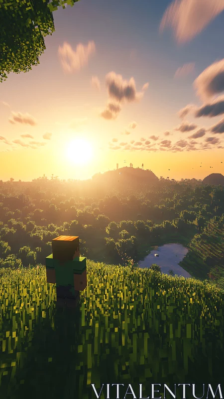Voxel landscape sunrise with blocky character observer.