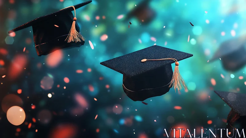 Graduation caps are suspended midair against blurred bokeh field
