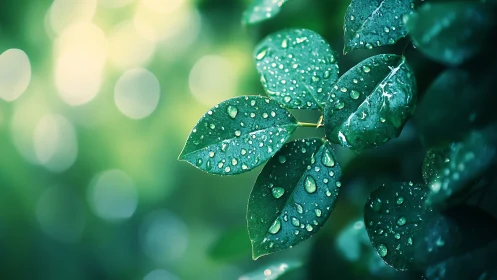 Macro optical study of rain-soaked foliage with bokeh field.