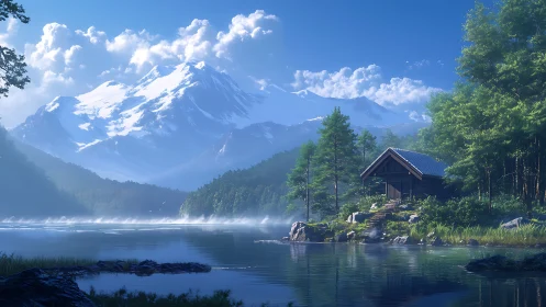 Mountain lake cabin beneath luminous snowcapped peaks.