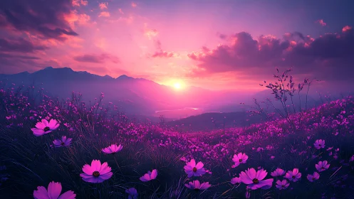 Vibrant pink wildflower valley under glowing sunset sky.