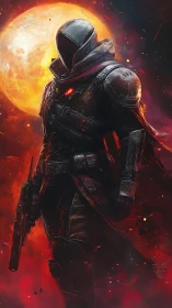 Lone sci fi warrior strides forward under a blazing full moon