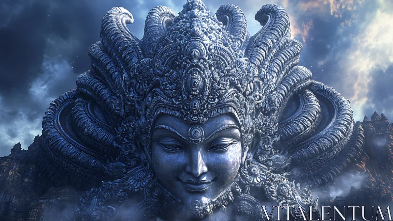 Celestial metal goddess smiles through stormlit cosmic clouds