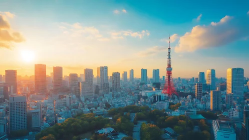 Urban skyline with red communications tower under low sun