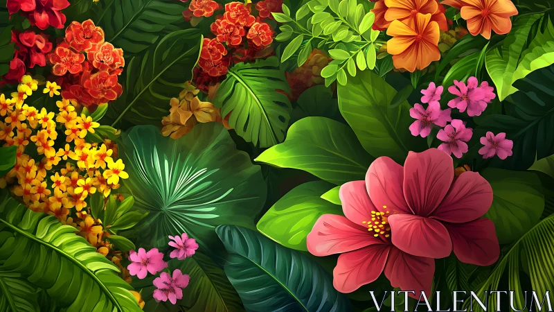 Digital floral arrangement depicting multiple flowering plant species with layered foliage.