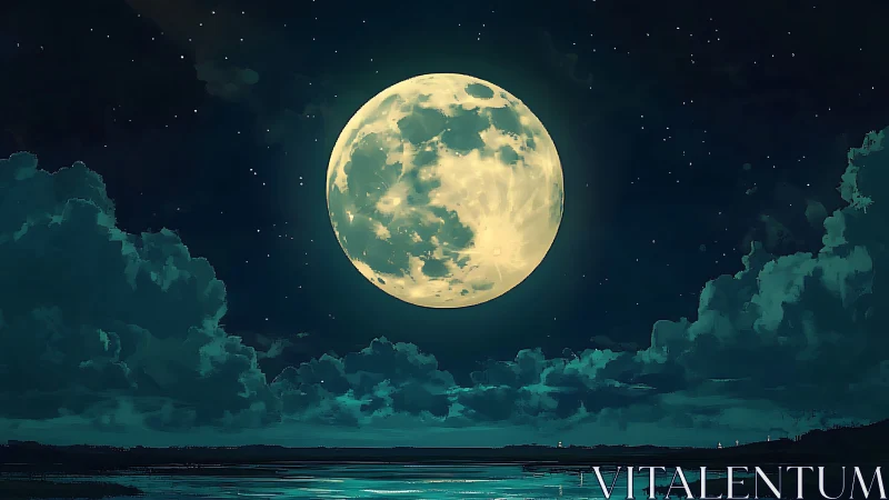 Radiant full moon rises over tranquil reflective seascape.