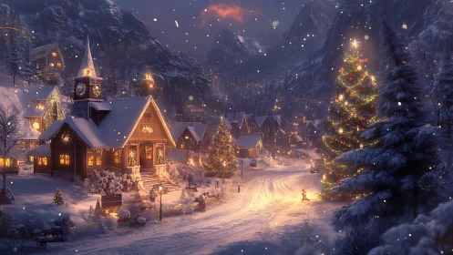 Snow-covered mountain village with illuminated Christmas trees.