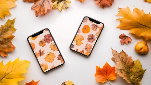 Autumn leaf pattern on dual smartphones in flat lay scene