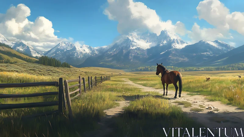 Horse on dirt path before distant snow covered mountain range.