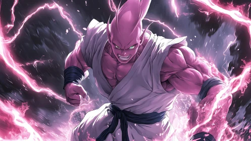 Pink energy warlord in dynamic anime lightning field.