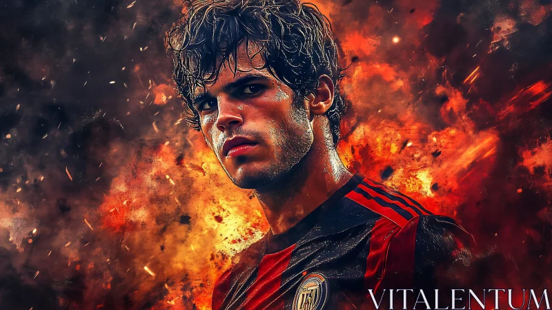 Fiery football warrior rises from a storm of painted embers.