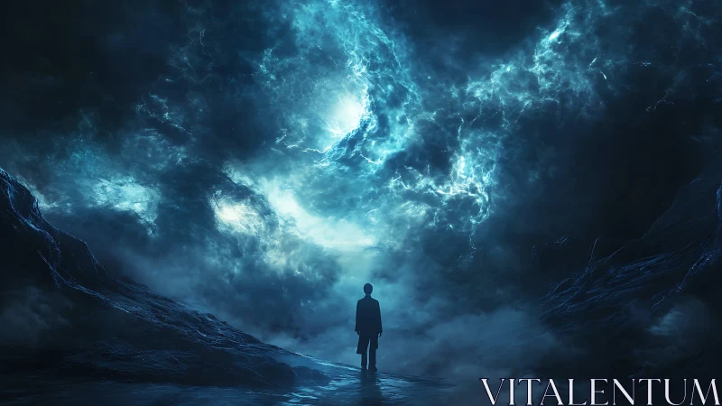 Stormlit traveler pauses beneath a glowing cosmic sky