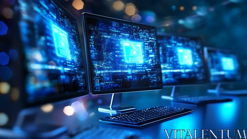 Glowing computer workstations share a calm high tech rhythm.