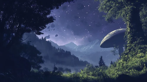 Alien forest valley under star-dense sky with colossal fungus
